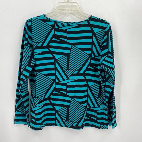 Chicos Blue Green Long Sleeve T Shirt Black Geometric Pattern Round Neck Size M - Picture 4 of 4